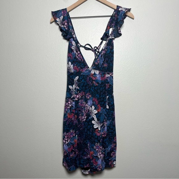 Free People Women Dress XS Blue Floral Deep V Josie Mini Date Night‎ Summer - Picture 2 of 12
